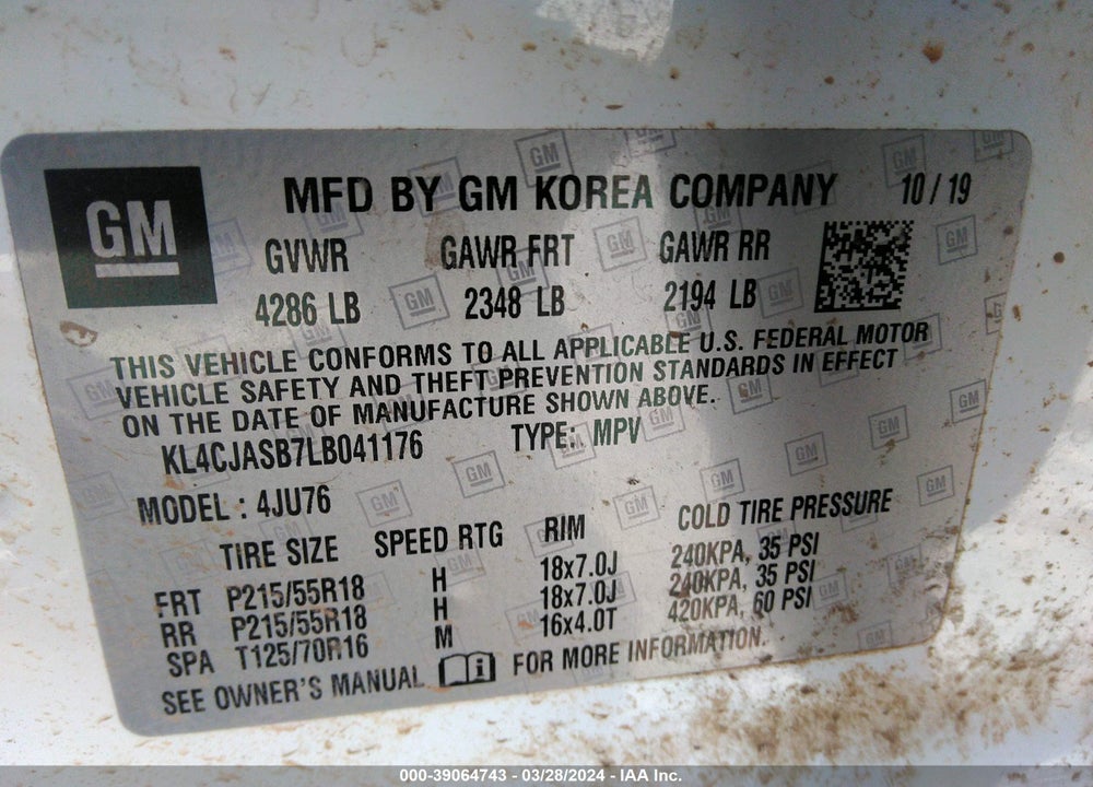 2020 BUICK ENCORE FWD PREFERRED VIN: KL4CJASB7LB041176