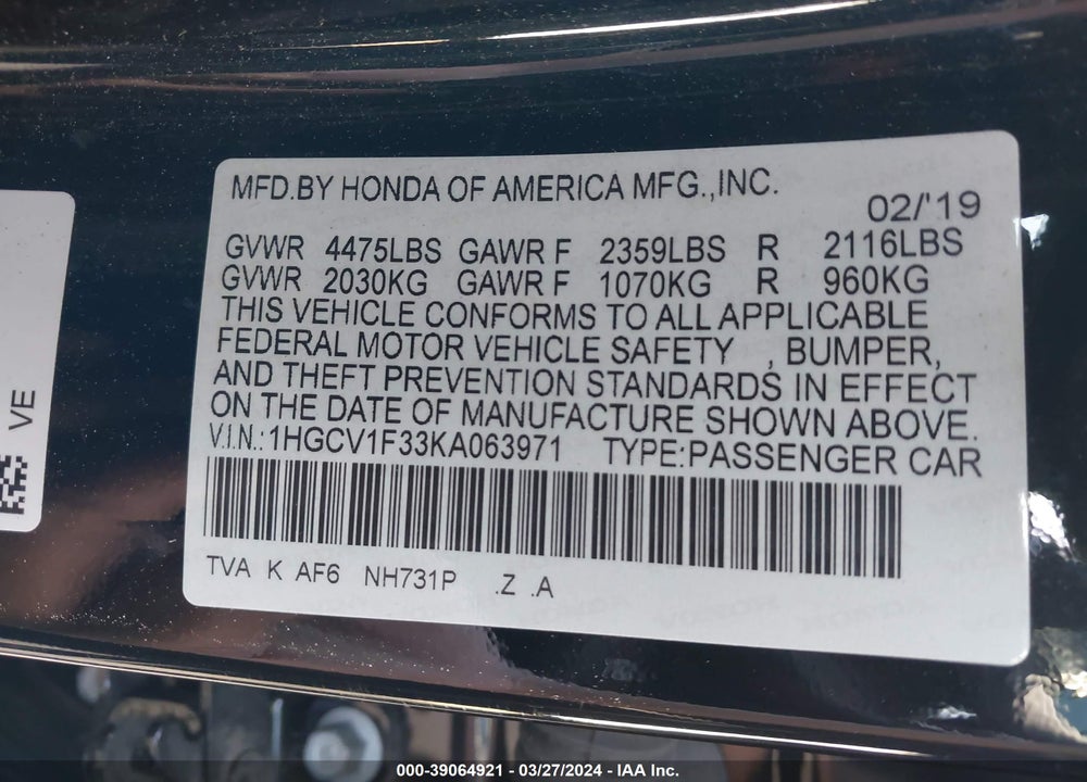 2019 HONDA ACCORD SPORT VIN: 1HGCV1F33KA063971