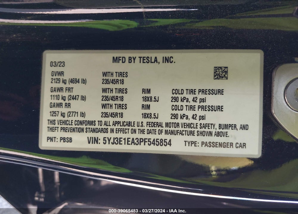 2023 TESLA MODEL 3 REAR-WHEEL DRIVE VIN: 5YJ3E1EA3PF545854