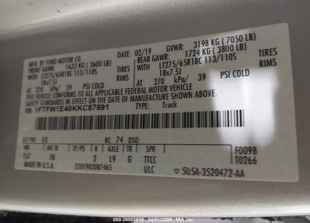 2019 FORD F-150 XLT VIN: 1FTFW1E40KKC87891