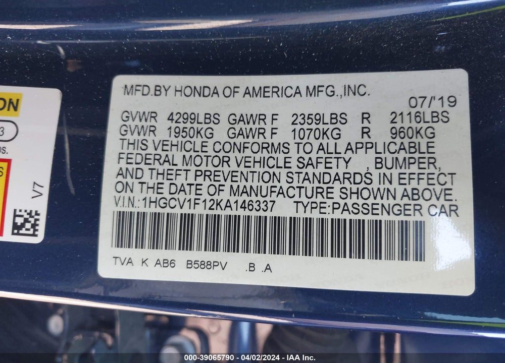 2019 HONDA ACCORD LX VIN: 1HGCV1F12KA146337