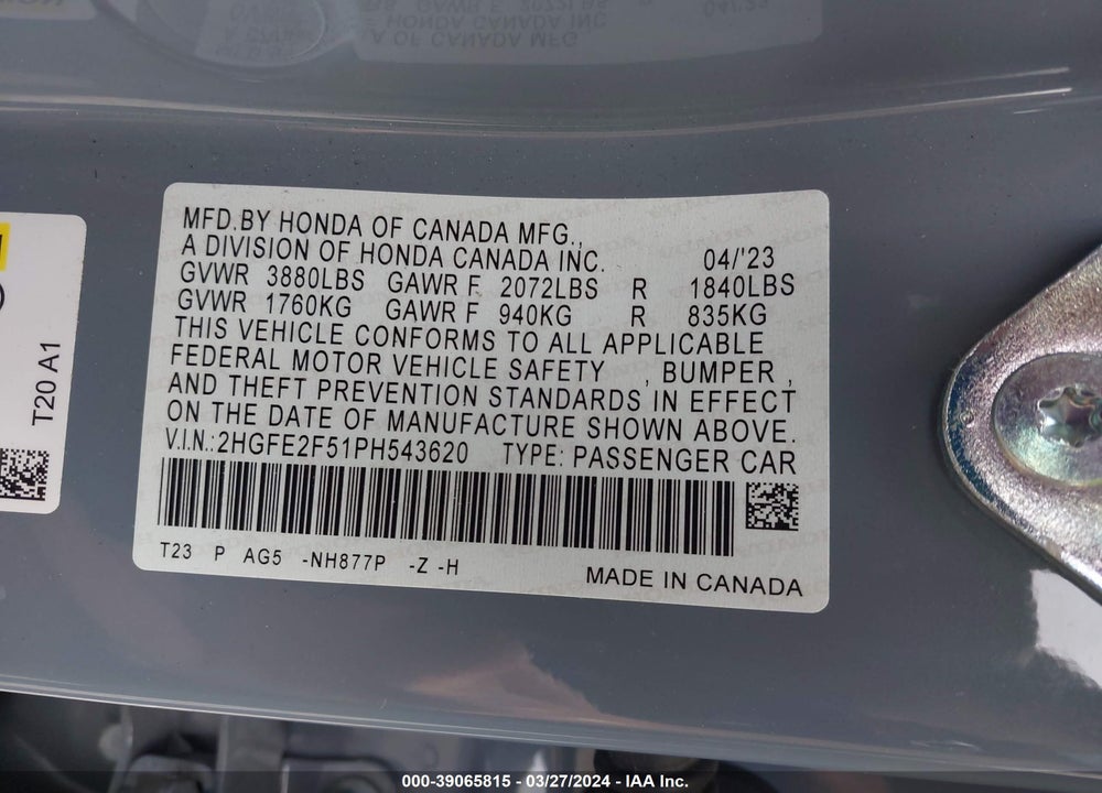 2023 HONDA CIVIC SPORT VIN: 2HGFE2F51PH543620
