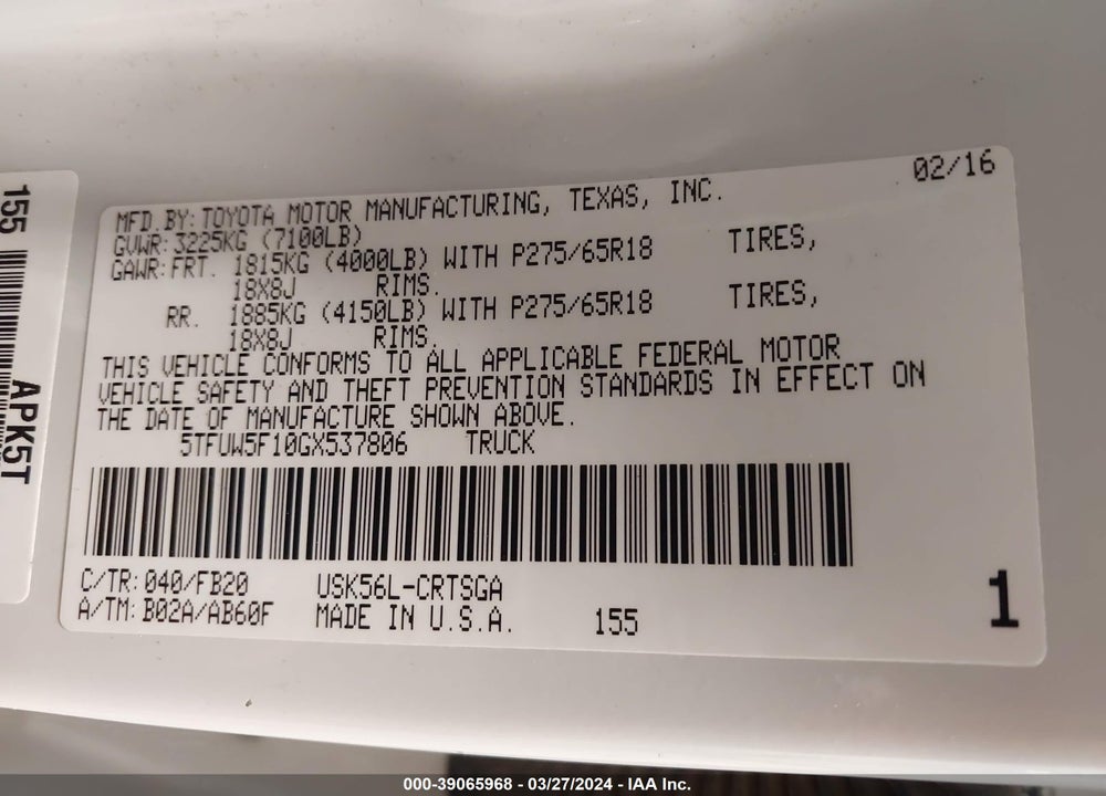 2016 TOYOTA TUNDRA SR5 5.7L V8 VIN: 5TFUW5F10GX537806