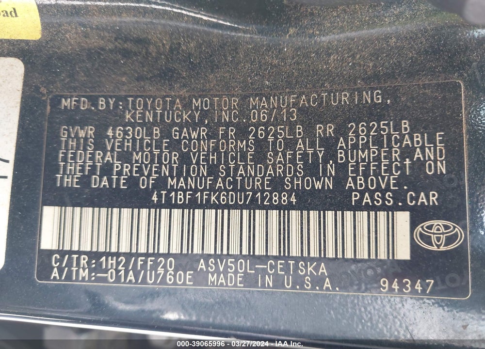 2013 TOYOTA CAMRY SE VIN: 4T1BF1FK6DU712884