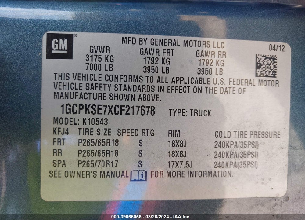 2012 CHEVROLET SILVERADO 1500 LT VIN: 1GCPKSE7XCF217678