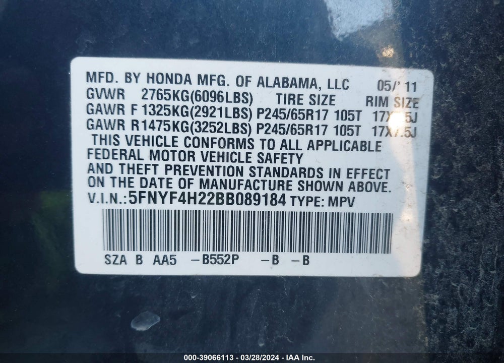 2011 HONDA PILOT LX VIN: 5FNYF4H22BB089184