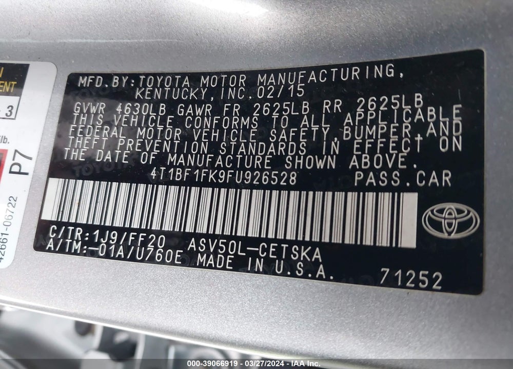 2015 TOYOTA CAMRY SE VIN: 4T1BF1FK9FU926528