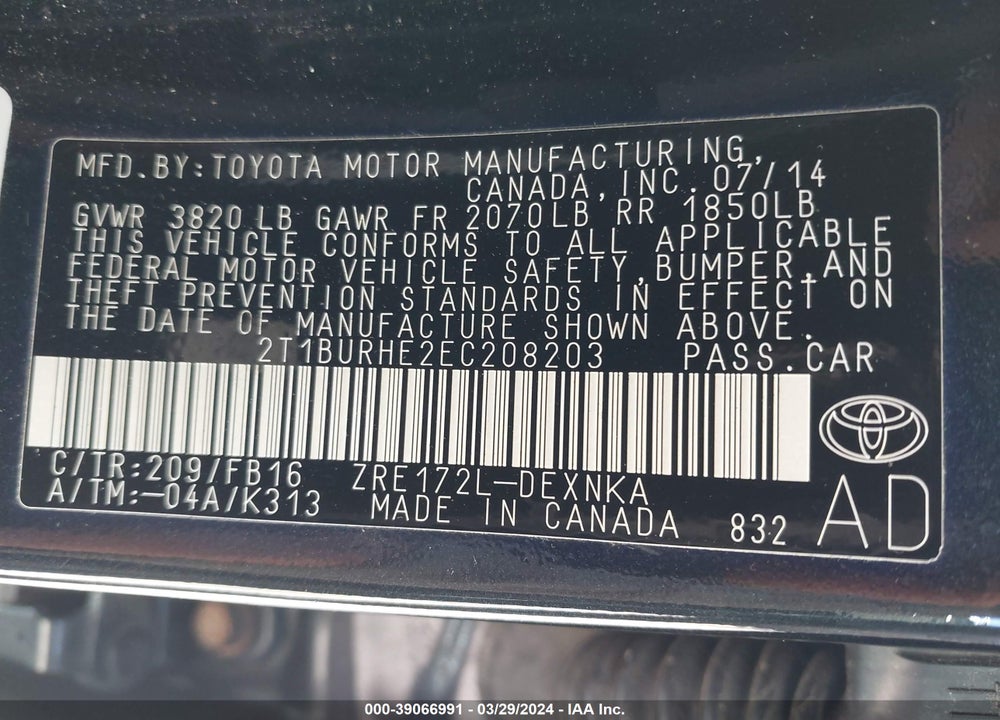 2014 TOYOTA COROLLA LE VIN: 2T1BURHE2EC208203