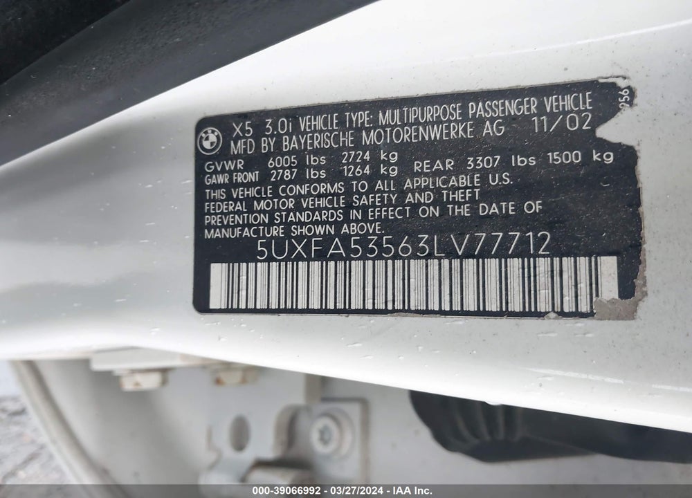 2003 BMW X5 3.0I VIN: 5UXFA53563LV77712
