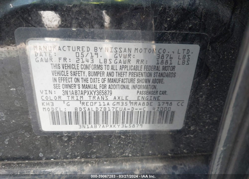 2019 NISSAN SENTRA SV VIN: 3N1AB7APXKY365879