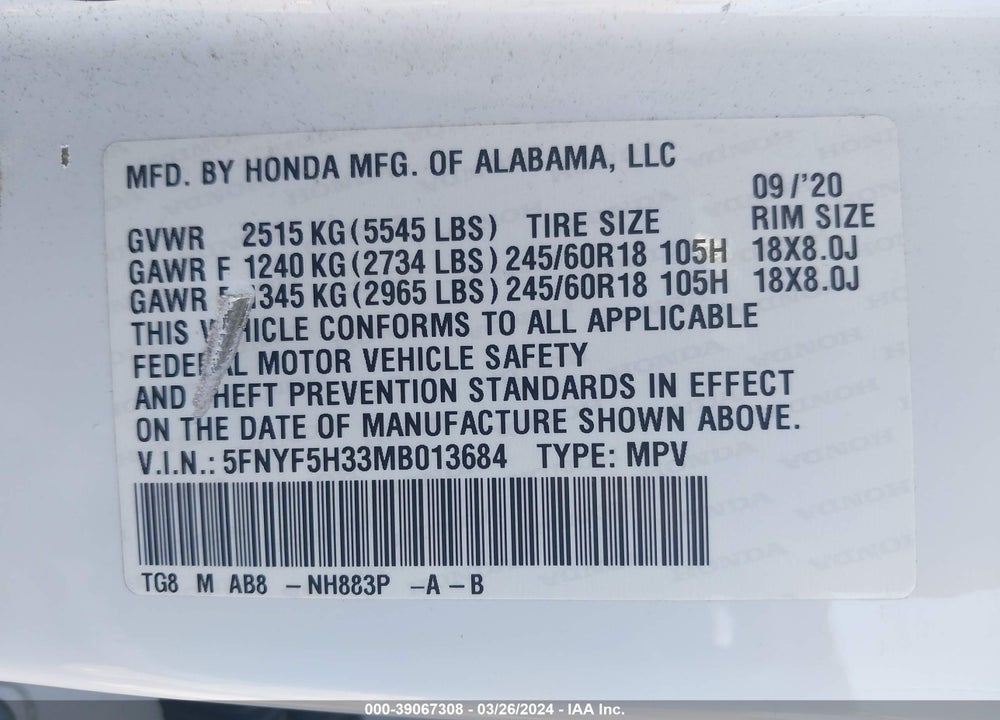 2021 HONDA PILOT 2WD EX VIN: 5FNYF5H33MB013684
