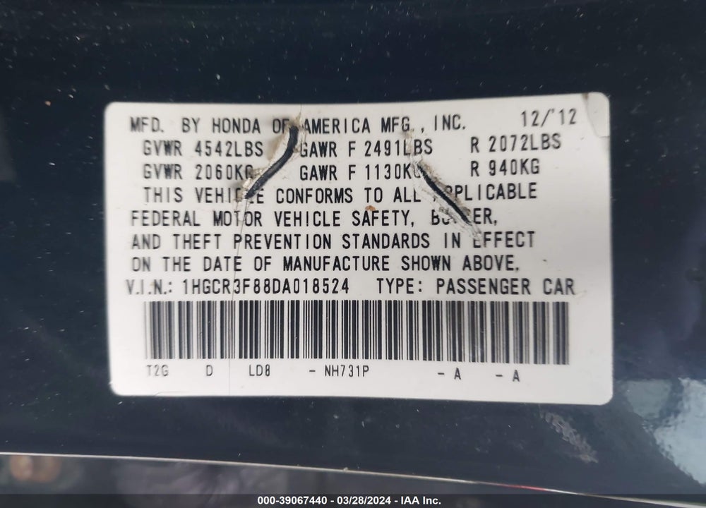 2013 HONDA ACCORD EX-L V-6 VIN: 1HGCR3F88DA018524
