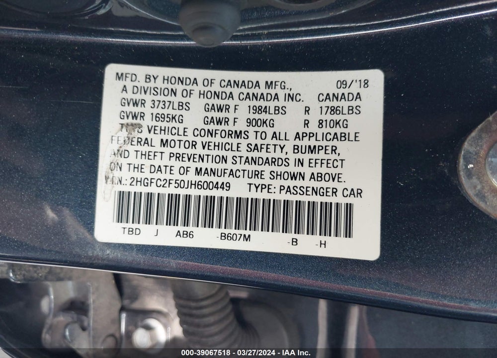 2018 HONDA CIVIC LX VIN: 2HGFC2F50JH600449