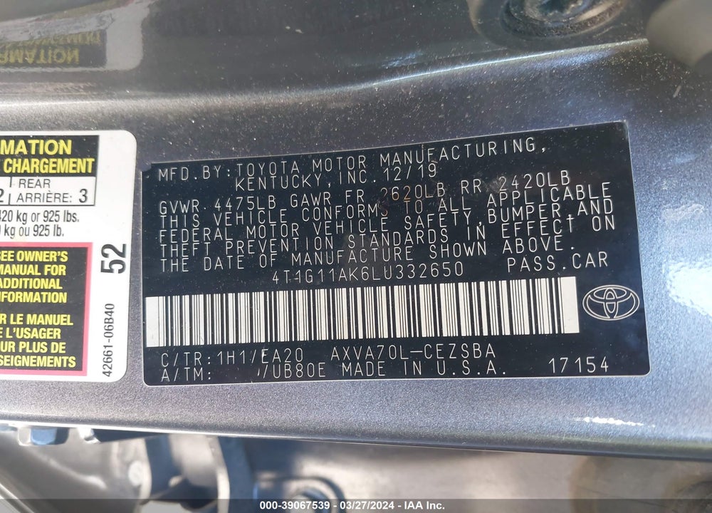 2020 TOYOTA CAMRY VIN: 4T1G11AK6LU332650