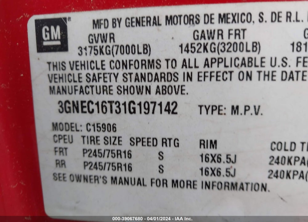 2001 CHEVROLET SUBURBAN 1500 LT VIN: 3GNEC16T31G197142
