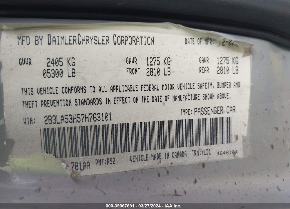 2007 DODGE CHARGER RT VIN: 2B3LA53H57H763101