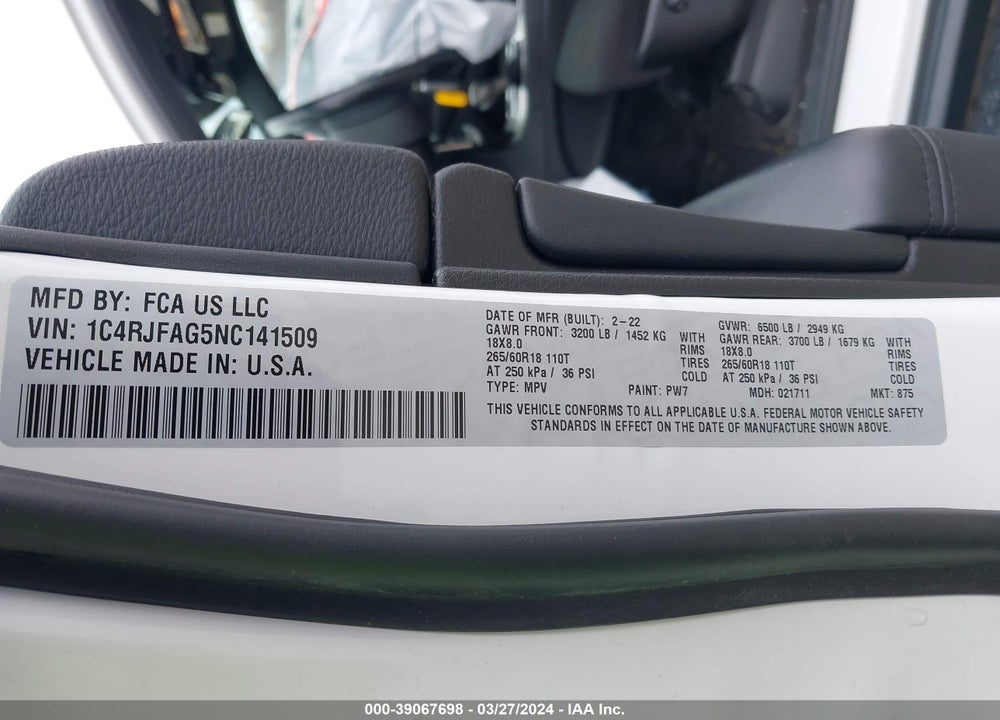 2022 JEEP GRAND CHEROKEE WK LAREDO E 4X4 VIN: 1C4RJFAG5NC141509
