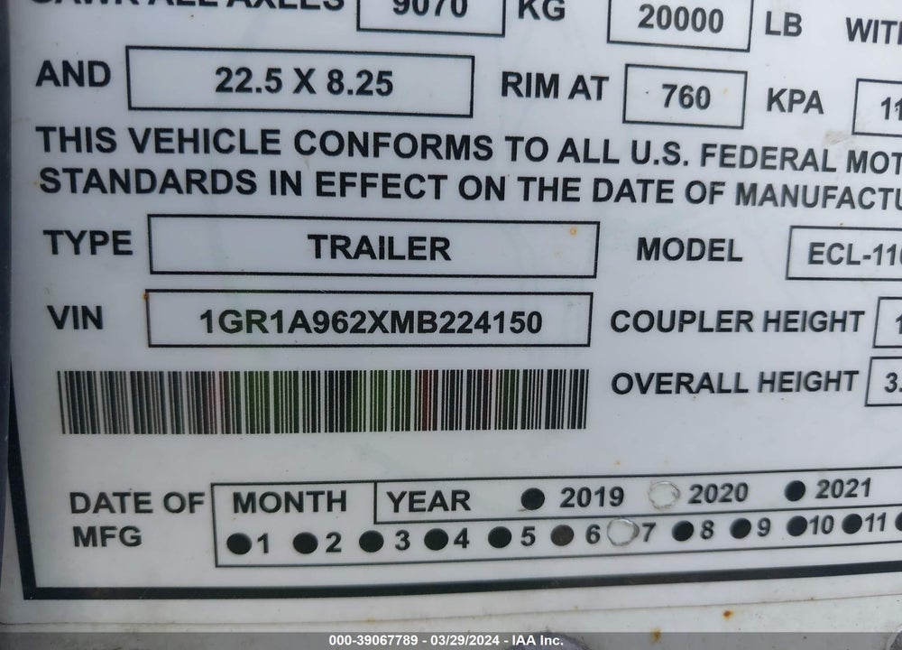 2021 GREAT DANE TRAILERS TRAILER VIN: 1GR1A962XMB224150