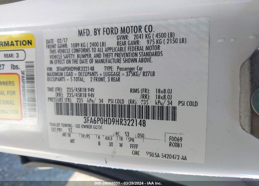 2017 FORD FUSION SE VIN: 3FA6P0HD9HR322148