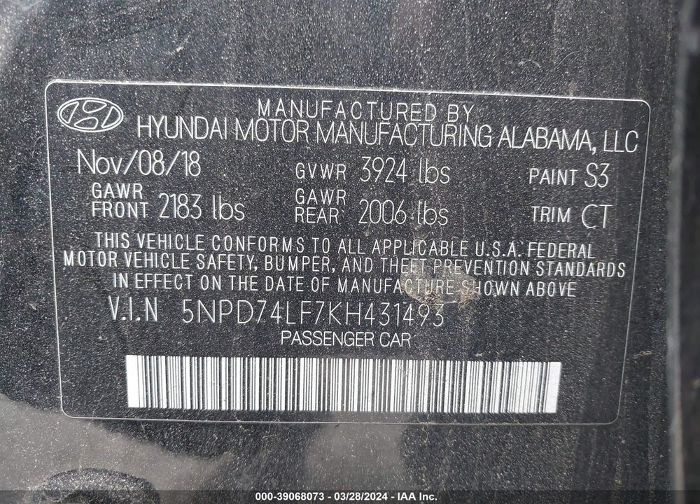 2019 HYUNDAI ELANTRA SE VIN: 5NPD74LF7KH431493