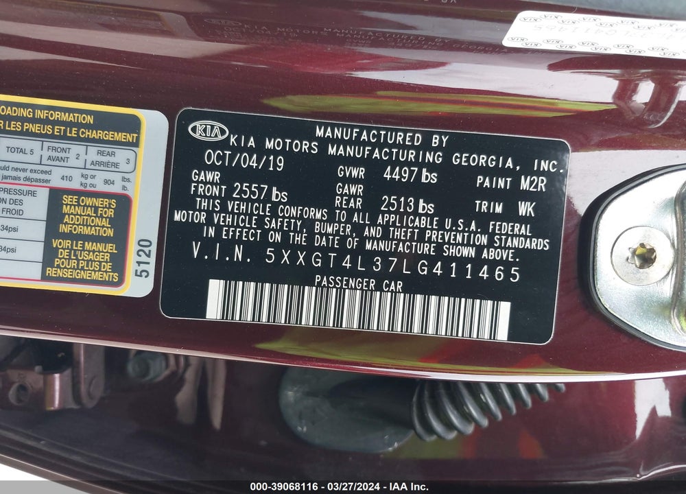 2020 KIA OPTIMA LX VIN: 5XXGT4L37LG411465