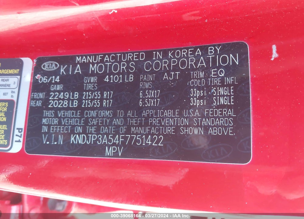 2015 KIA SOUL VIN: KNDJP3A54F7751422