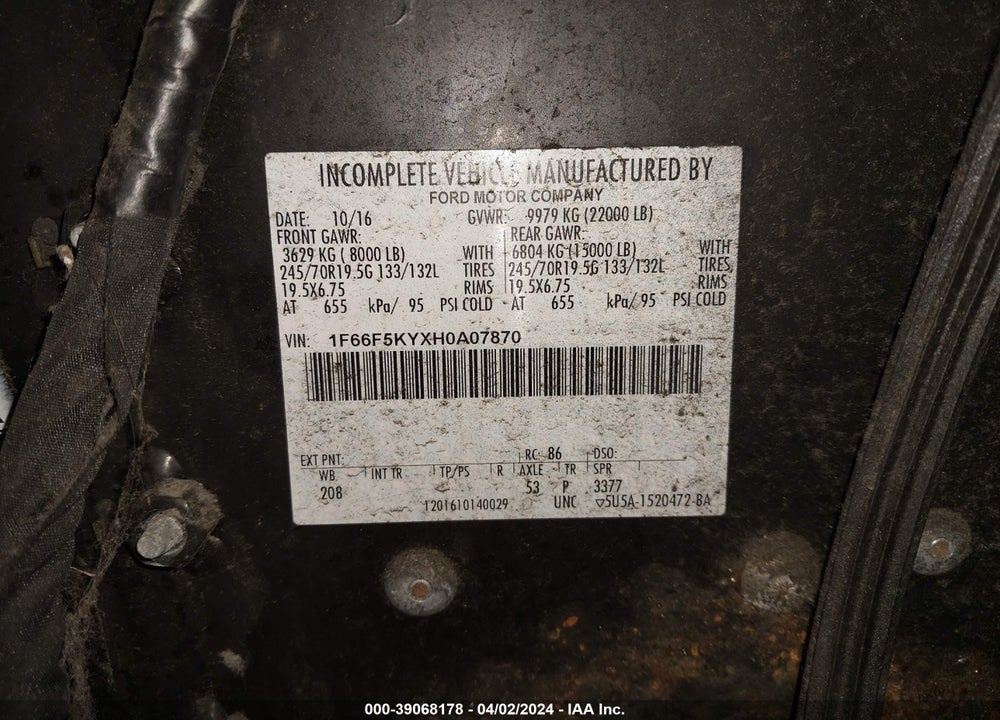 2017 FORD F-59 COMMERCIAL STRIPPED VIN: 1F66F5KYXH0A07870