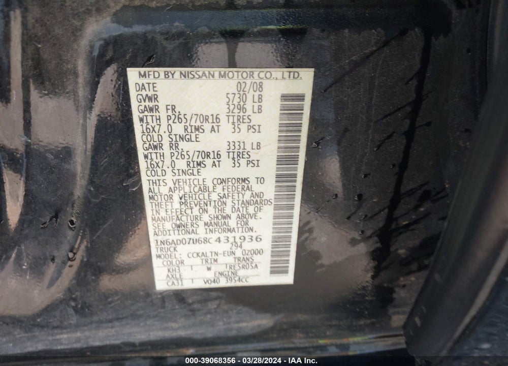 2008 NISSAN FRONTIER SE VIN: 1N6AD07U68C431936