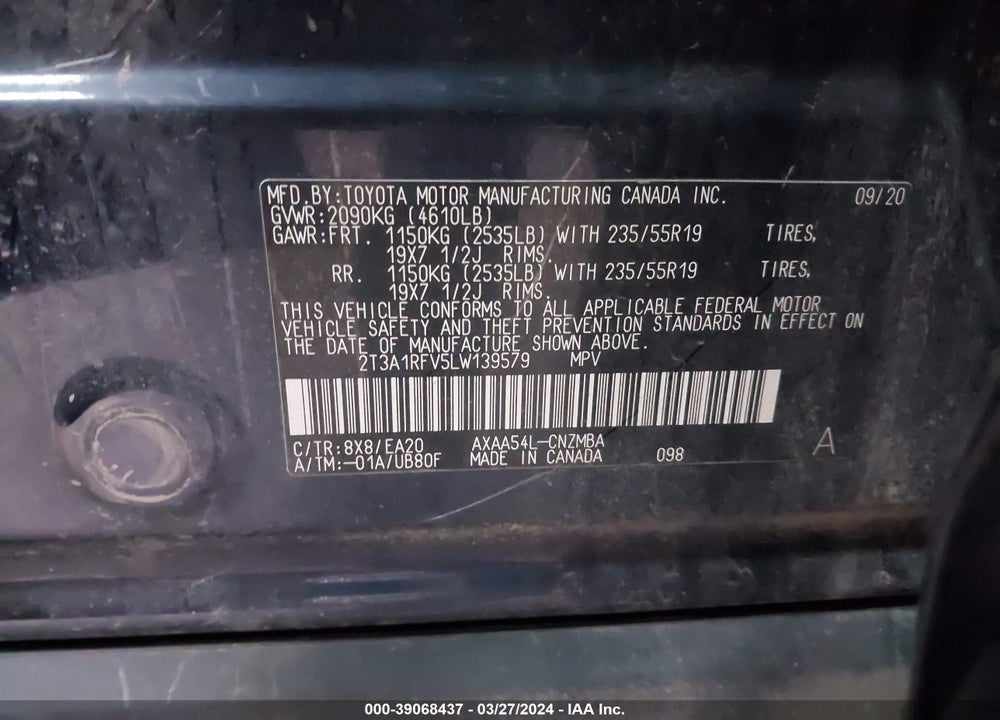 2020 TOYOTA RAV4 XLE PREMIUM VIN: 2T3A1RFV5LW139579