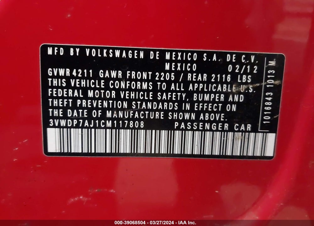 2012 VOLKSWAGEN JETTA 2.5L SE VIN: 3VWDP7AJ1CM117808