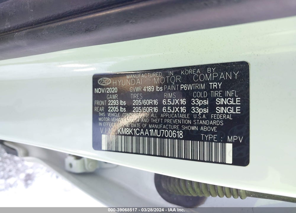 2021 HYUNDAI KONA SE VIN: KM8K1CAA1MU700618