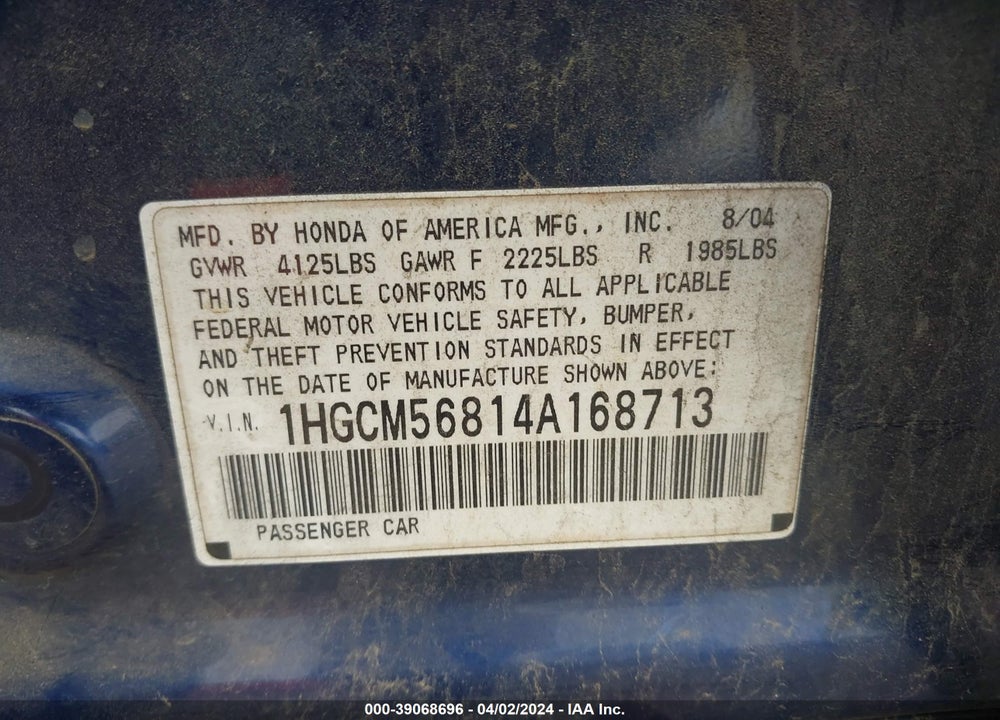 2004 HONDA ACCORD 2.4 EX VIN: 1HGCM56814A168713