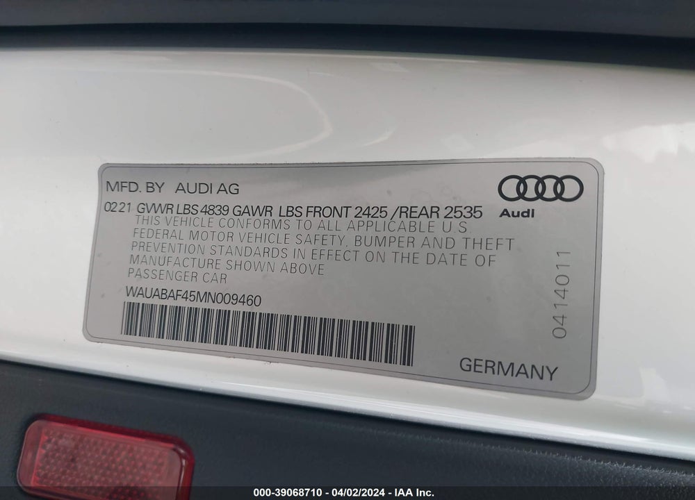 2021 AUDI A4 PREMIUM 40 TFSI QUATTRO S TRONIC VIN: WAUABAF45MN009460