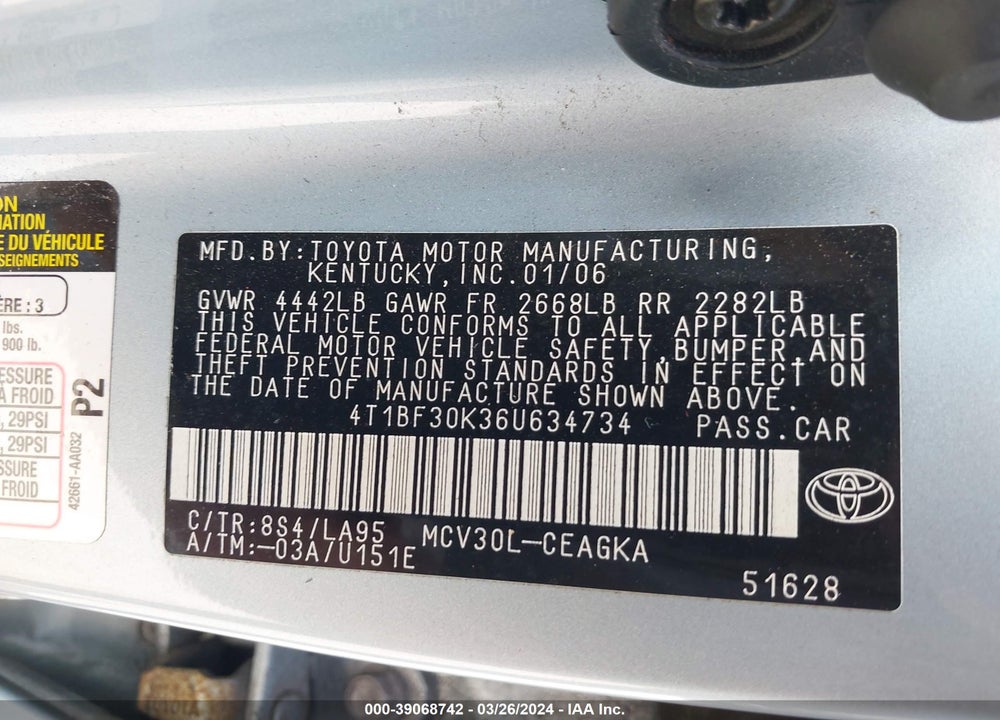 2006 TOYOTA CAMRY XLE V6 VIN: 4T1BF30K36U634734