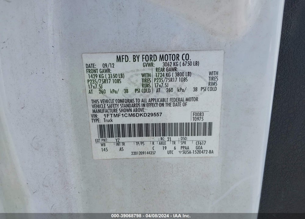 2013 FORD F-150 XL VIN: 1FTMF1CM6DKD29557