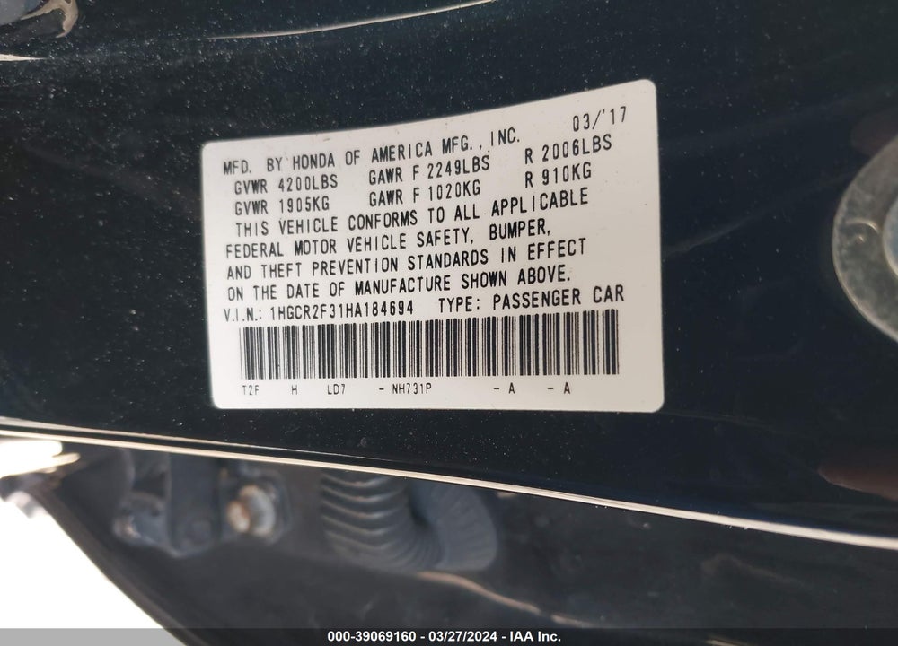 2017 HONDA ACCORD LX VIN: 1HGCR2F31HA184694