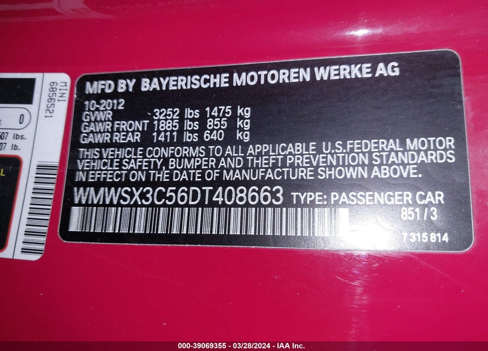 2013 MINI COUPE COOPER S VIN: WMWSX3C56DT408663