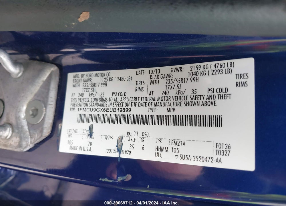 2014 FORD ESCAPE SE VIN: 1FMCU9GX6EUB19899