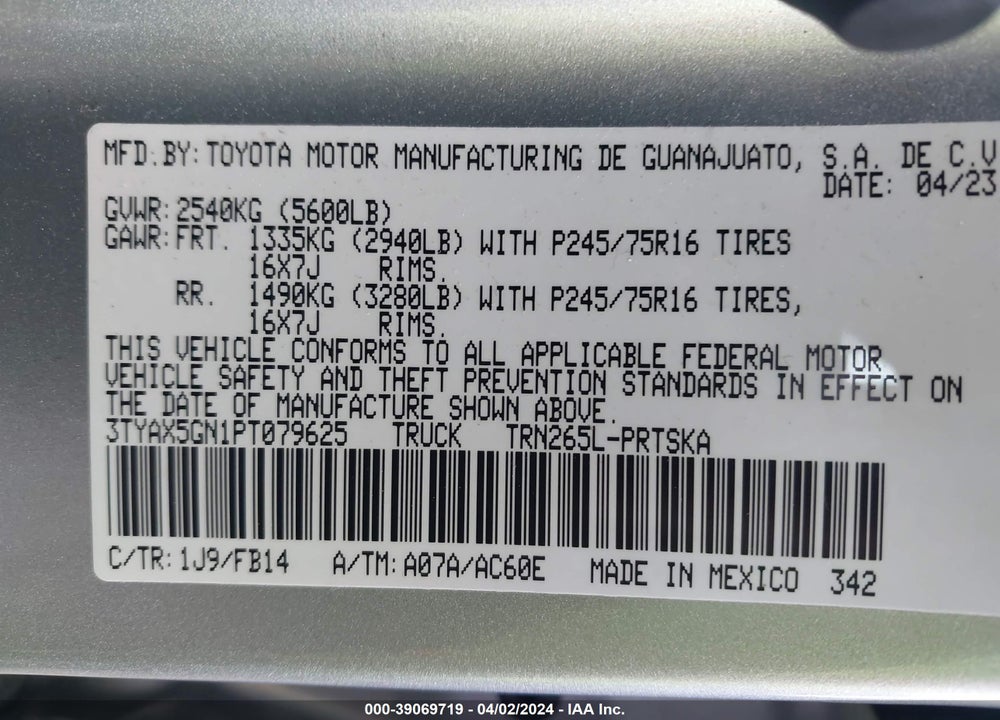 2023 TOYOTA TACOMA SR VIN: 3TYAX5GN1PT079625