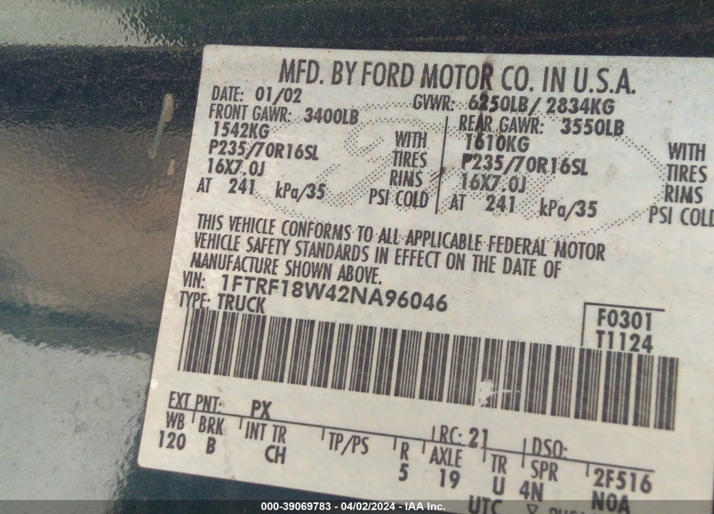 2002 FORD F-150 XL/XLT VIN: 1FTRF18W42NA96046