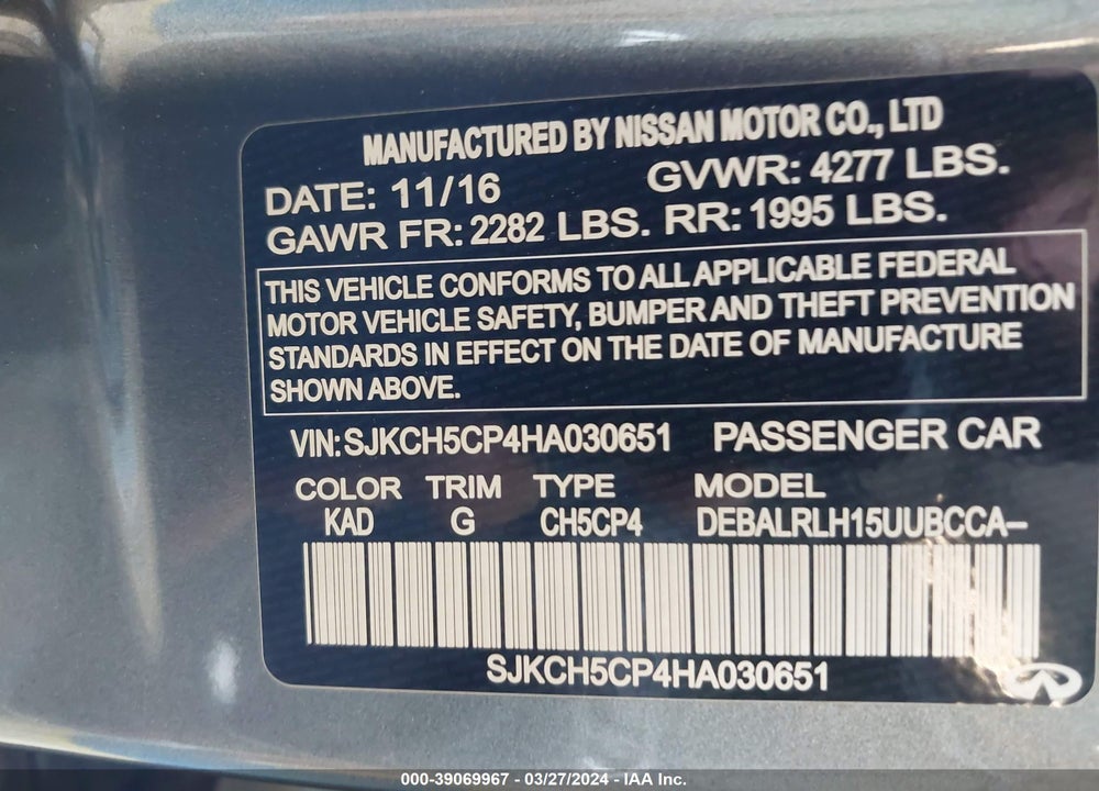 2017 INFINITI QX30 PREMIUM VIN: SJKCH5CP4HA030651