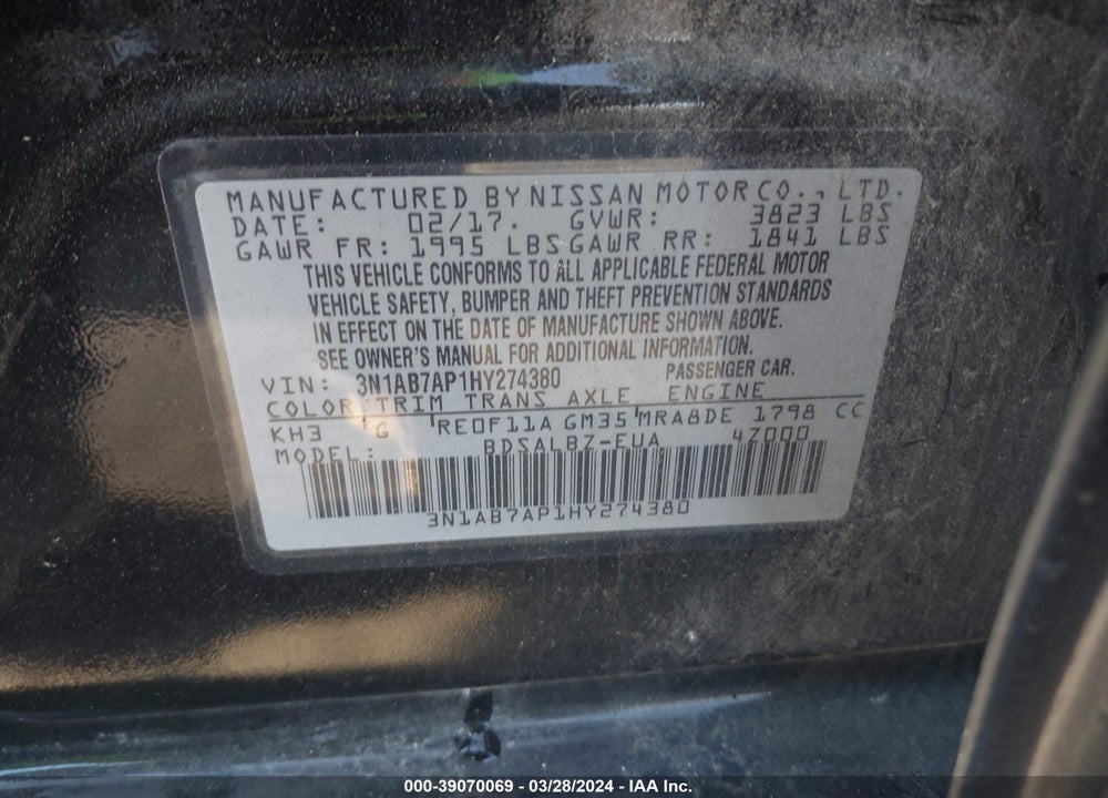 2017 NISSAN SENTRA S VIN: 3N1AB7AP1HY274380