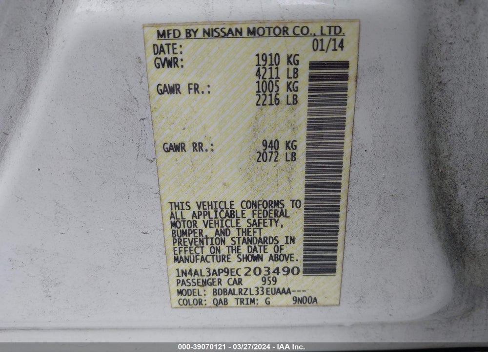 2014 NISSAN ALTIMA 2.5 S VIN: 1N4AL3AP9EC203490