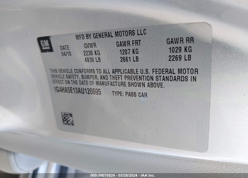 2010 BUICK LUCERNE VIN: 1G4HA5E13AU126695