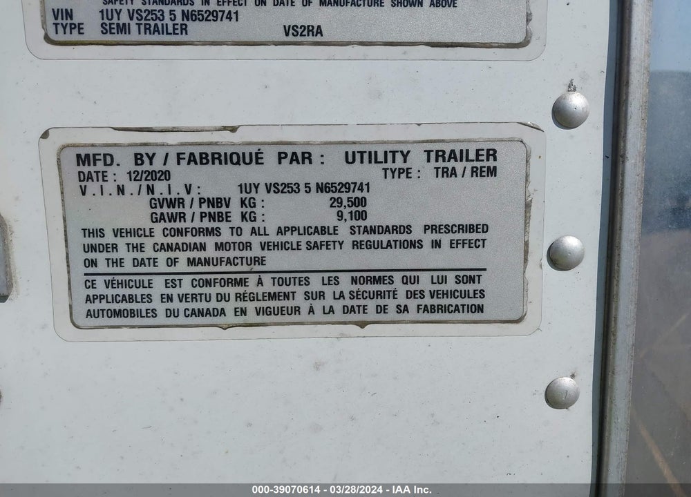 2022 UTILITY TRAILER MFG TRAILER VIN: 1UYVS2535N6529741