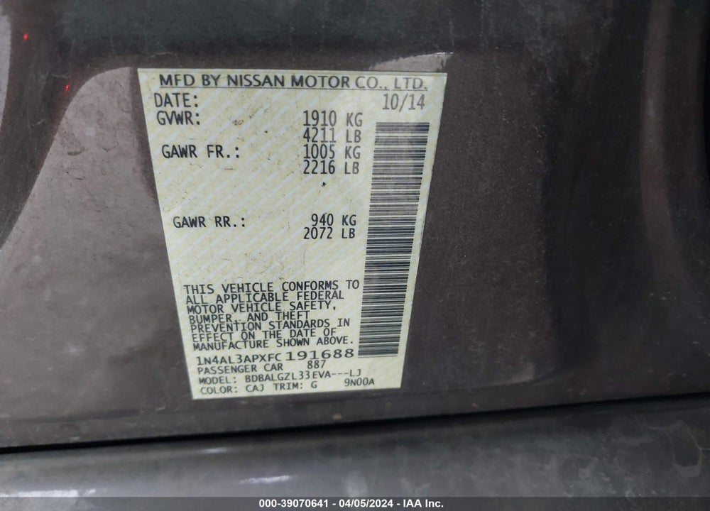 2015 NISSAN ALTIMA 2.5 S VIN: 1N4AL3APXFC191688