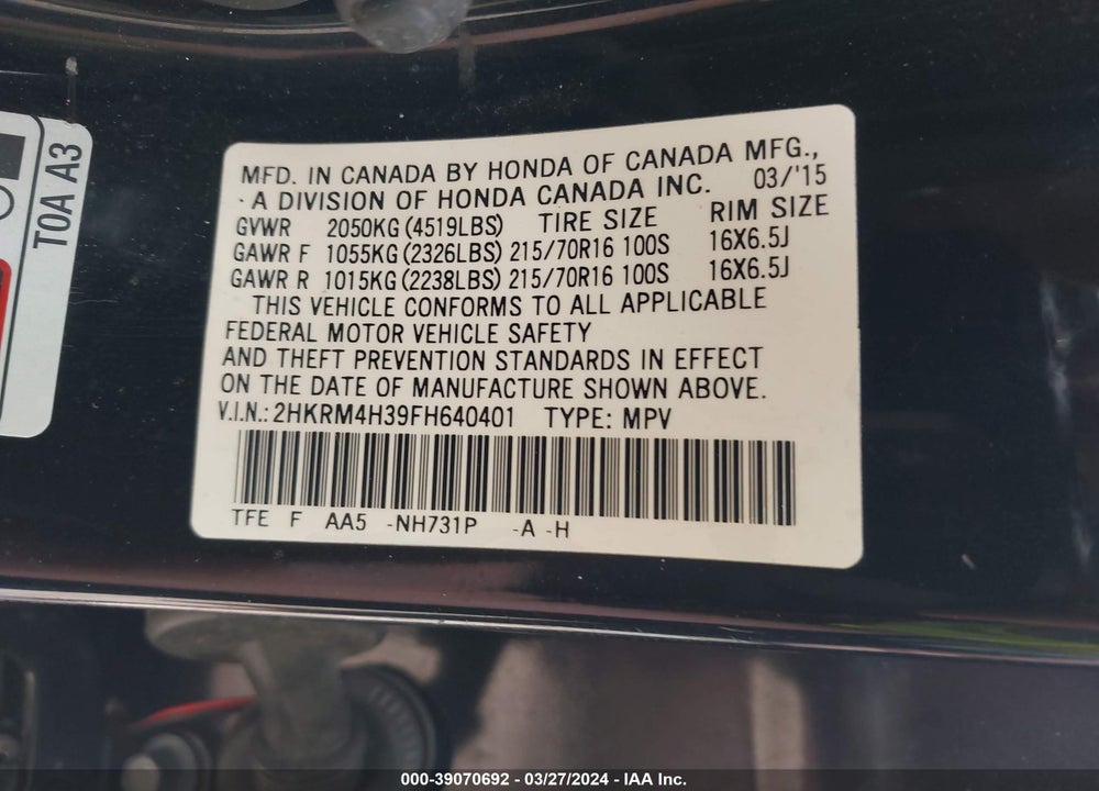 2015 HONDA CR-V LX VIN: 2HKRM4H39FH640401