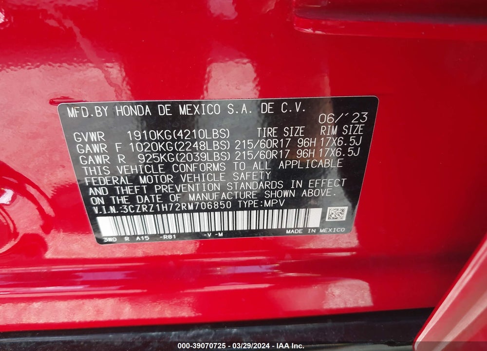 2024 HONDA HR-V 2WD EX-L/2WD EX-L W/O BSI VIN: 3CZRZ1H72RM706850