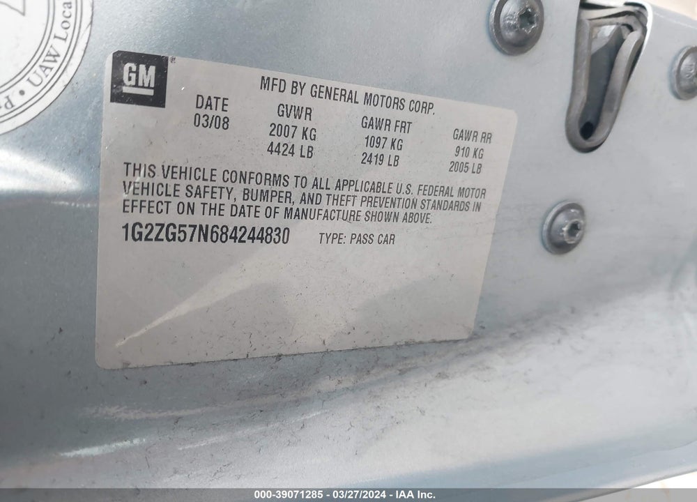 2008 PONTIAC G6 VIN: 1G2ZG57N684244830