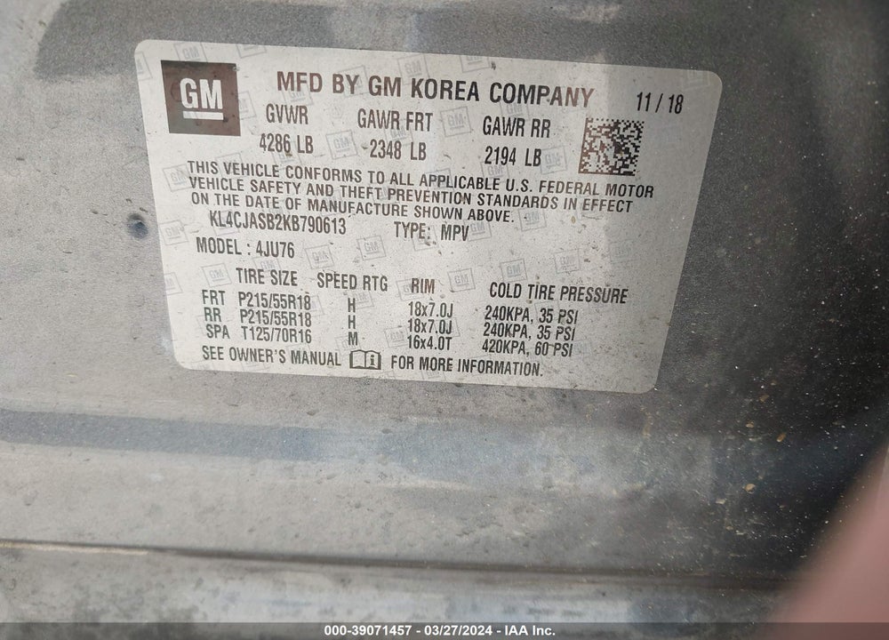 2019 BUICK ENCORE FWD PREFERRED VIN: KL4CJASB2KB790613